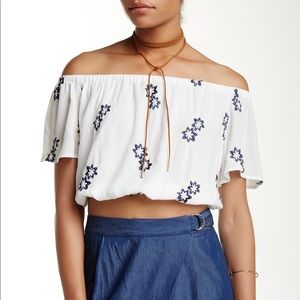 ASTR Embroidered Floral Off the Shoulder Crop Top